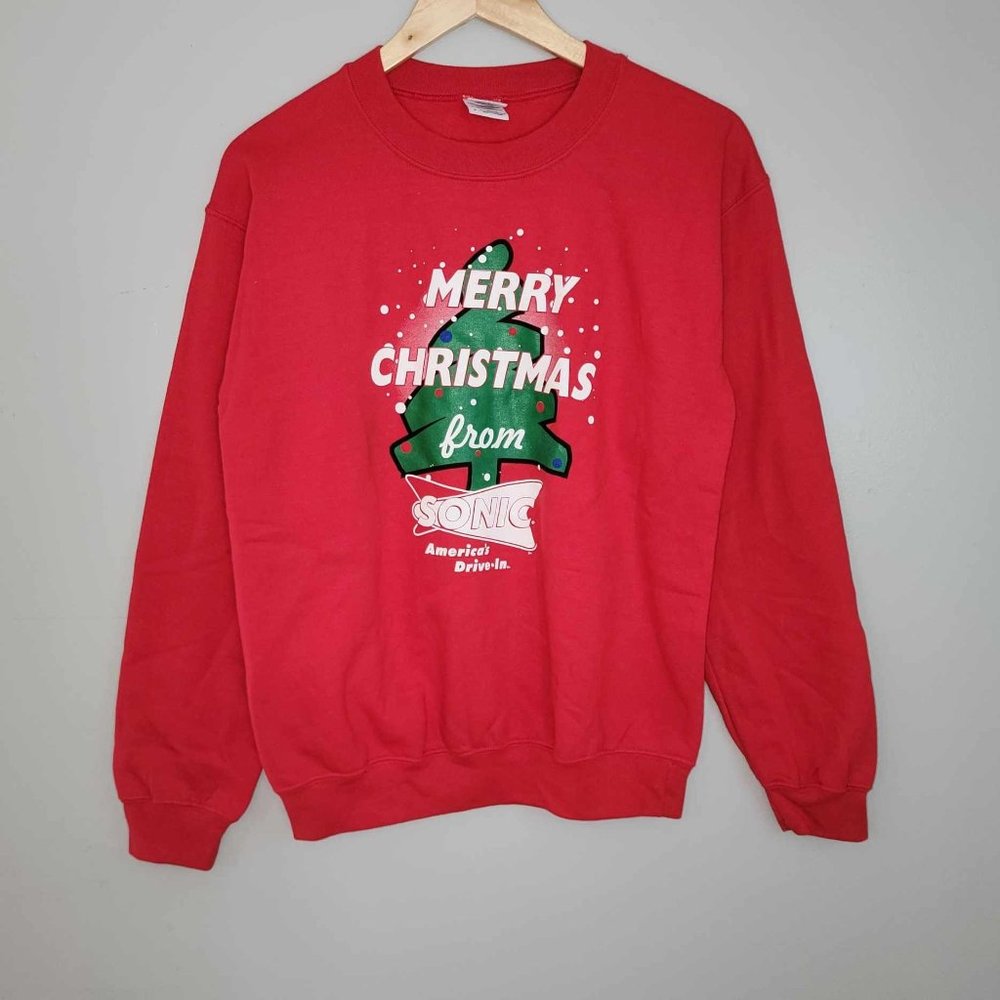 Merry Christmas Sonic Burger Vintage Car Hop Sweatshirt Pullover Red Size Small